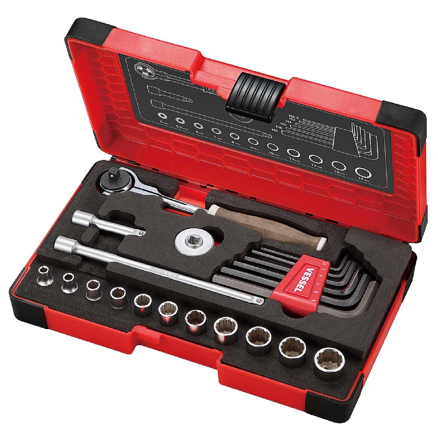 Vessel Wood Handle Ratchet Wrench & Socket Set with Case HRW2004M-SW