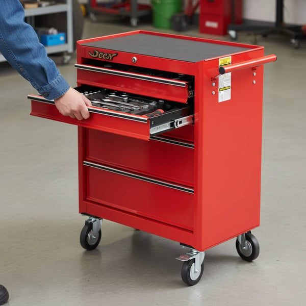 Deen 5 Drawer Steel Tool Cabinet Wheeled Tool Chest Red
